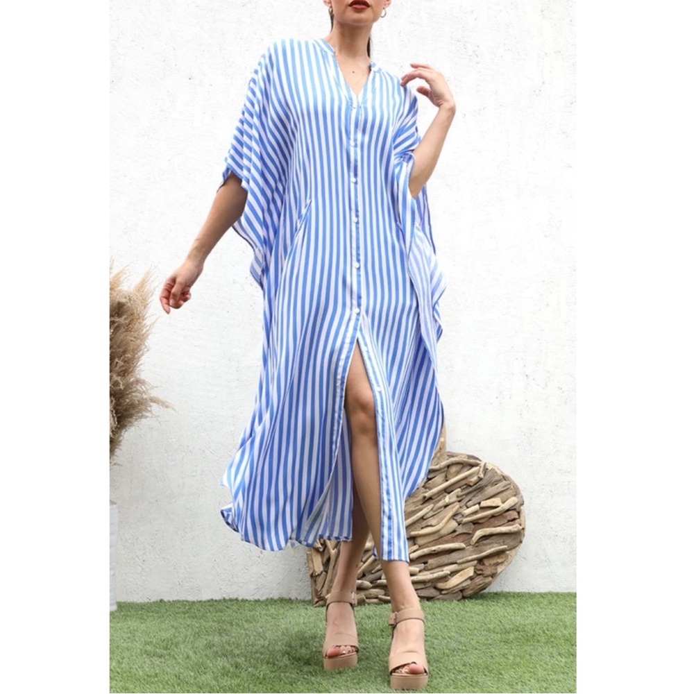 251 • Classic Blue/White Stripe Rayon Kaftan Duster